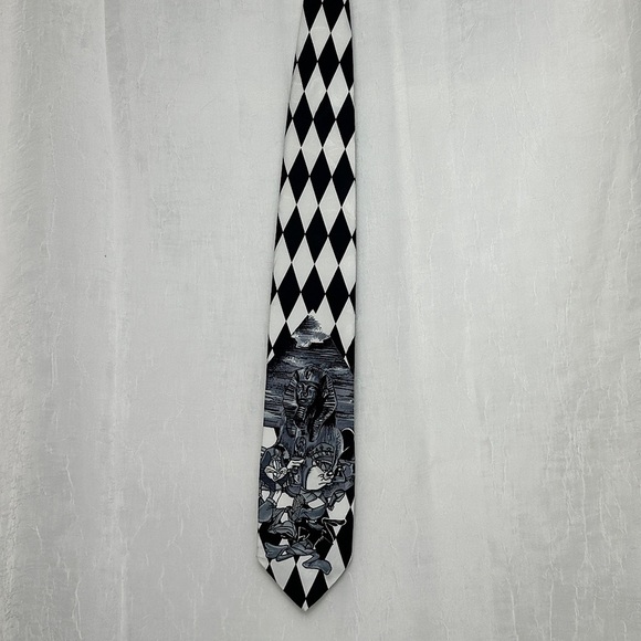 3/$20 💥 Vintage 1995 Looney Tunes Mens Tie Warner Bros. Black & White Diamond - Picture 12 of 16